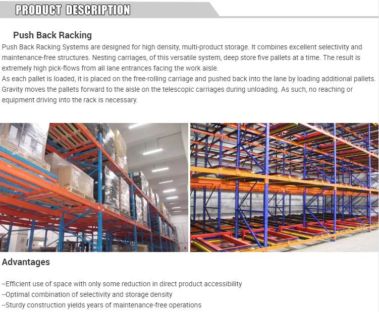 Industrial Use Push Back Racking Heavy Loading Gravity Systems Rack